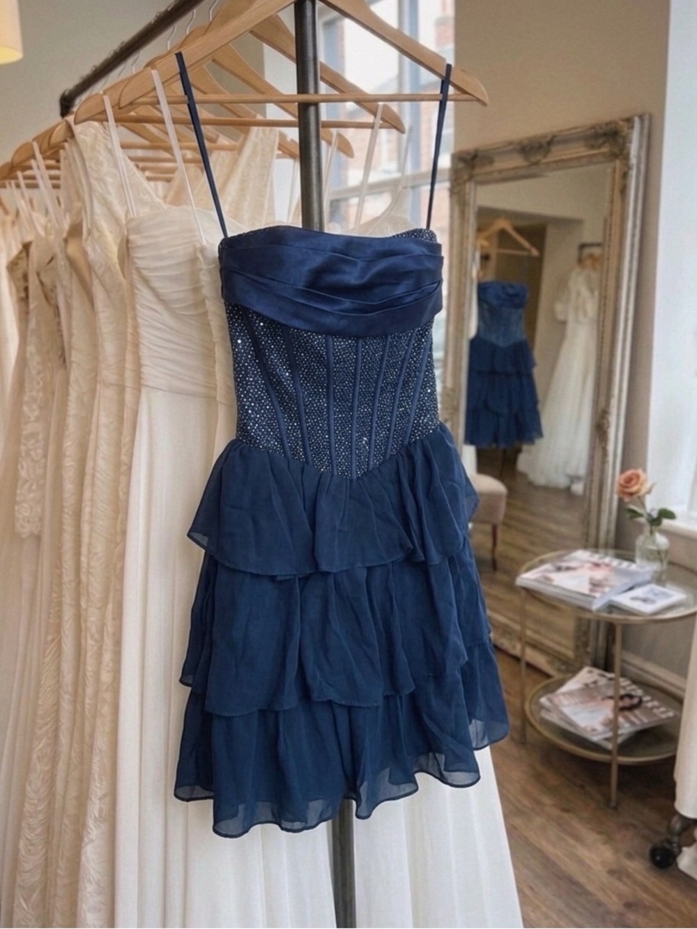 Navy Tiered Chiffon Mini Dress with Spaghetti Straps